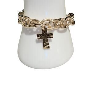 Gold Tone Chunky Double Oval Link Stretch Bracelet Hammered Cross Charm New